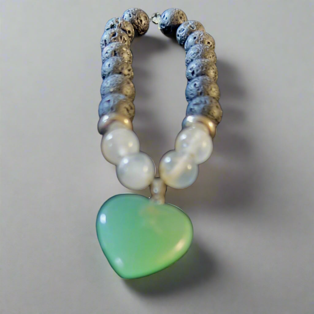 Jade Heart Pendant Bracelet with Selenite and Black Lava Stone beads