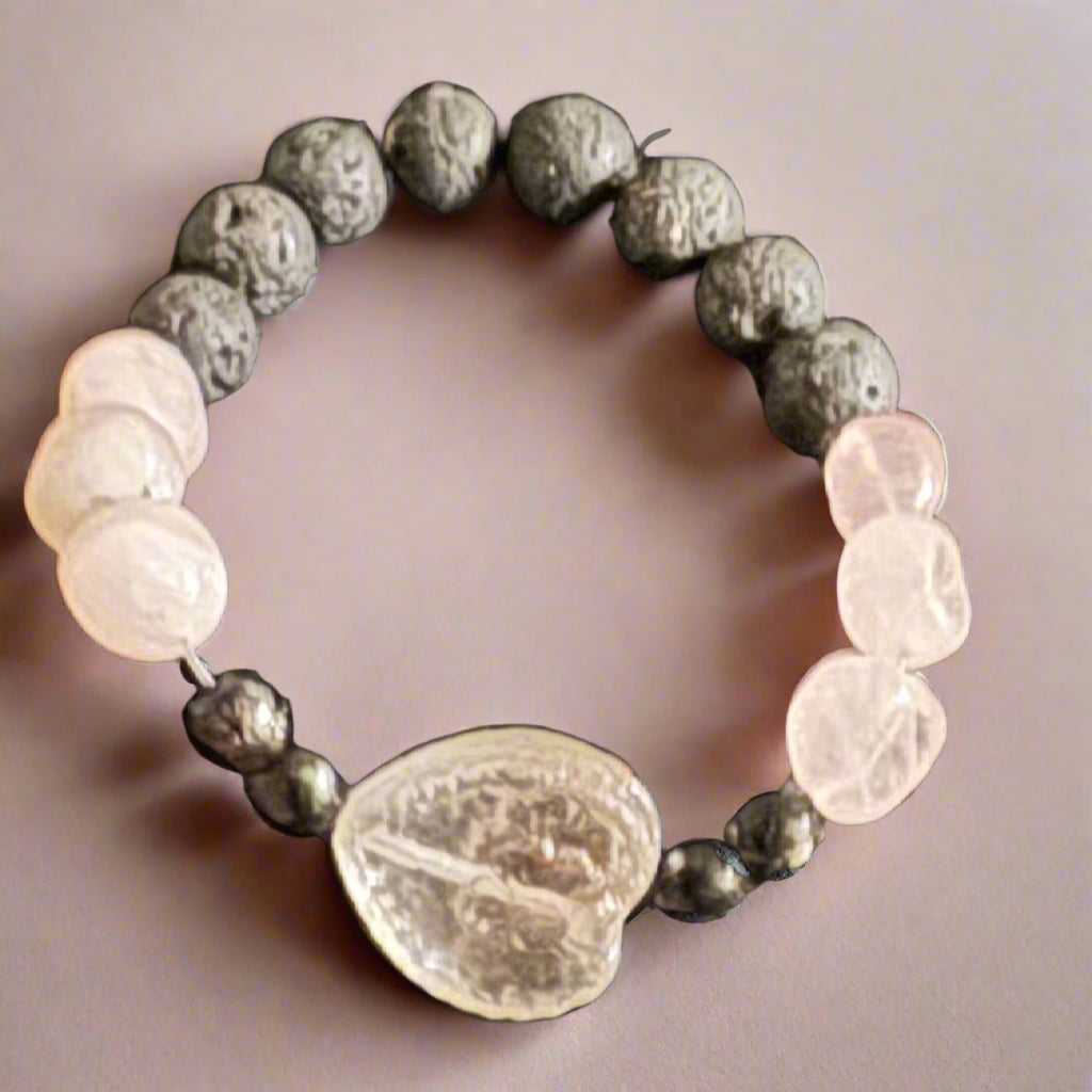 bracelet with heart-shaped glass pendant with rose quartz and lava stones
