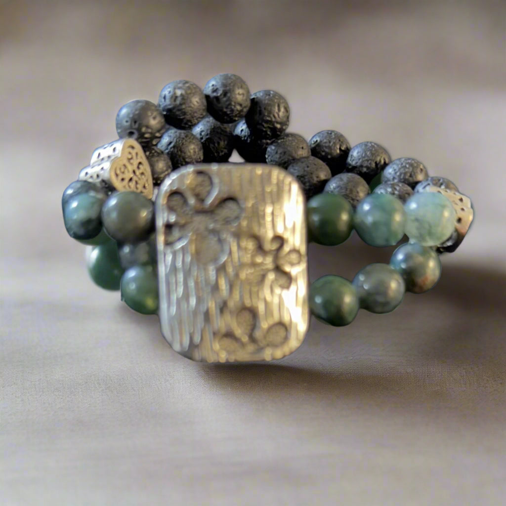 Moss Agate Bracelet with lava stone and stamped metal alloy accent charms in the shape of hearts and flowers