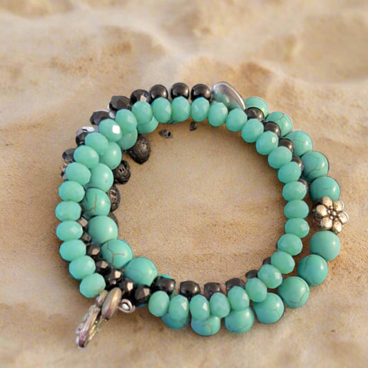 “Ocean Harmony” Turquoise, Onyx & Lava Bead Wrap Bracelet

