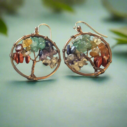 Tree of Vitality Chakra Earrings featuring a Tree of Life design with vibrant chakra stones, displayed on a soft background