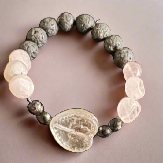 bracelet with heart-shaped glass pendant with rose quartz and lava stones