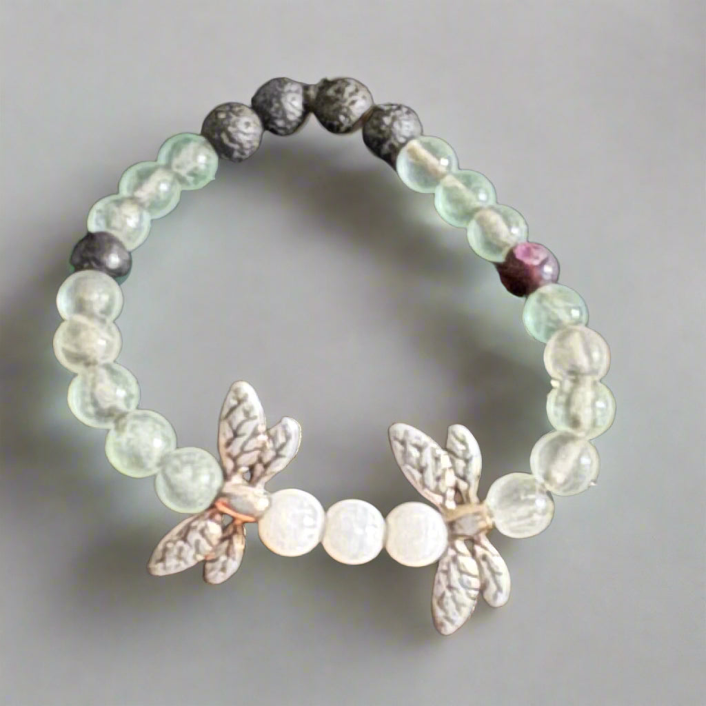 green fluorite stretch bracelet with dragonfly charms