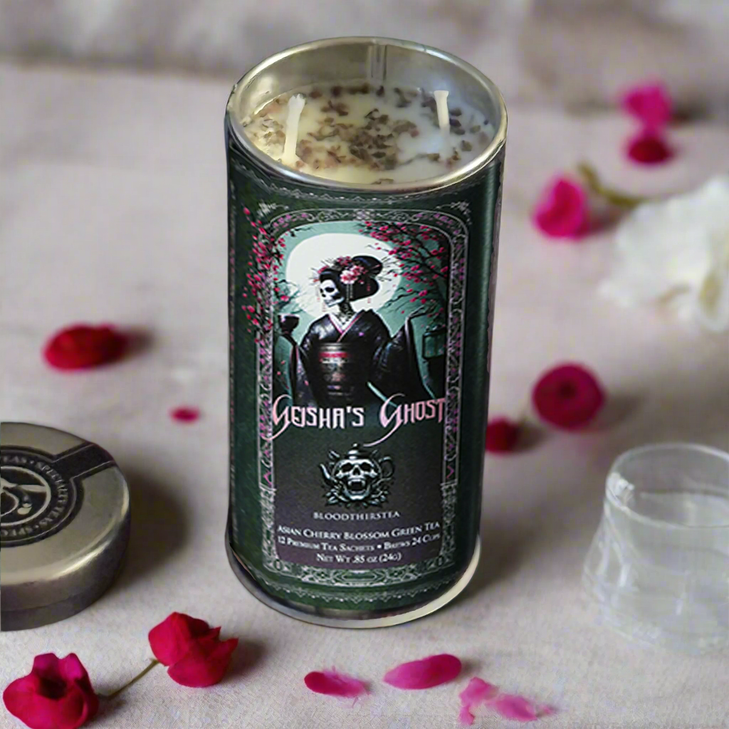 dual wick candle made with geisha's ghost Bloodthirstea, infused with cherry and rose scents.